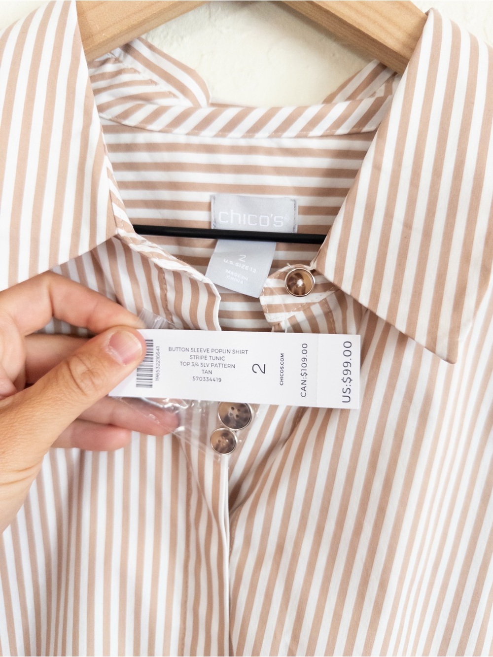 Chicos Button Sleeve Poplin Cotton Tunic 3/4 Sleeve Button Down Shirt 12 Striped - Picture 6 of 6